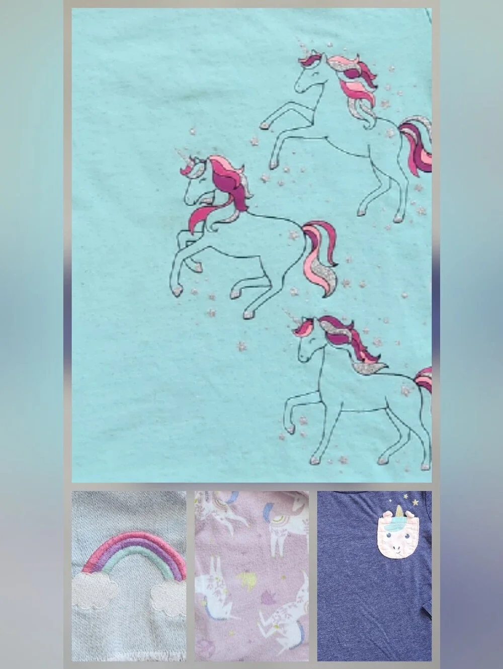 Girls 4T Unicorn Blues Mix & Match Bundle | Rainbow, Skirt, Shorts | 4 Pieces